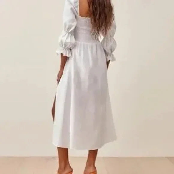 Reformation Hyland Linen Dress White Size XS Midi Puffed Sleeve Smocked